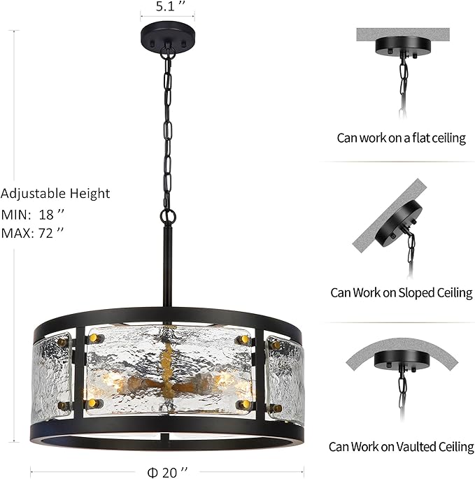20" Farmhouse Round Black Chandelier, 5-Light Rustic Dining Room Light Fixtures Over Table, Industrial Glass Chandeliers for Dining Kitchen Living Room, Clear Waterglass Drum Shade-Ruum Studio Home