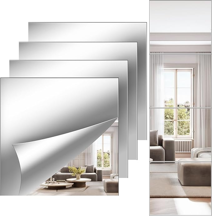 Full Length Wall Mirror Tiles, 12'' x 14'' x 4PCS, Acrylic Unbreakable Full Body Mirror for Bedroom Squares Shatterproof Mirror Sheets Wall Mounted for Home Gym Door-Ruum Studio Home