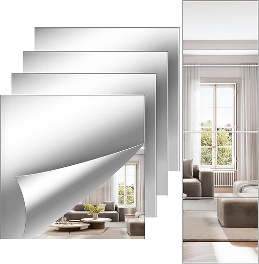 Full Length Wall Mirror Tiles, 12'' x 14'' x 4PCS, Acrylic Unbreakable Full Body Mirror for Bedroom Squares Shatterproof Mirror Sheets Wall Mounted for Home Gym Door-Ruum Studio Home