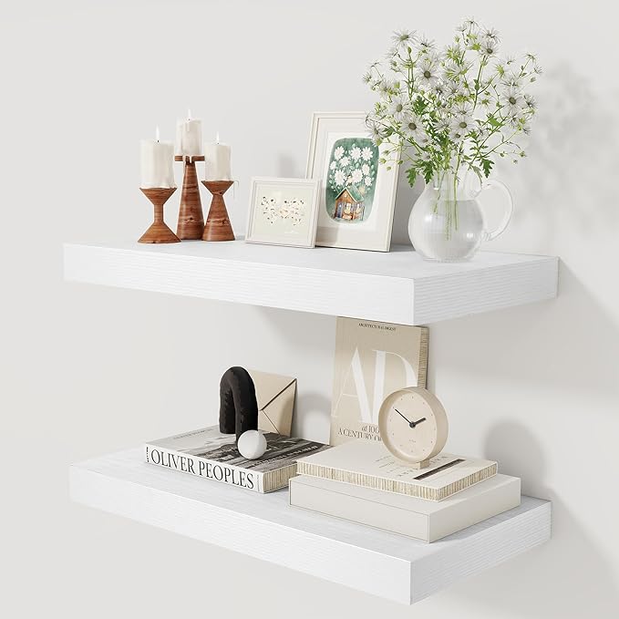 12 Inch Deep White Floating Shelves, 24 x 12 Floating Shelf for Books, Rustic Wood Deep Wall Shelves for Home Storage & Display, 2" Thicked Shelves for Kitchen, Living Room, Bedroom, 2 Pack-Ruum Studio Home