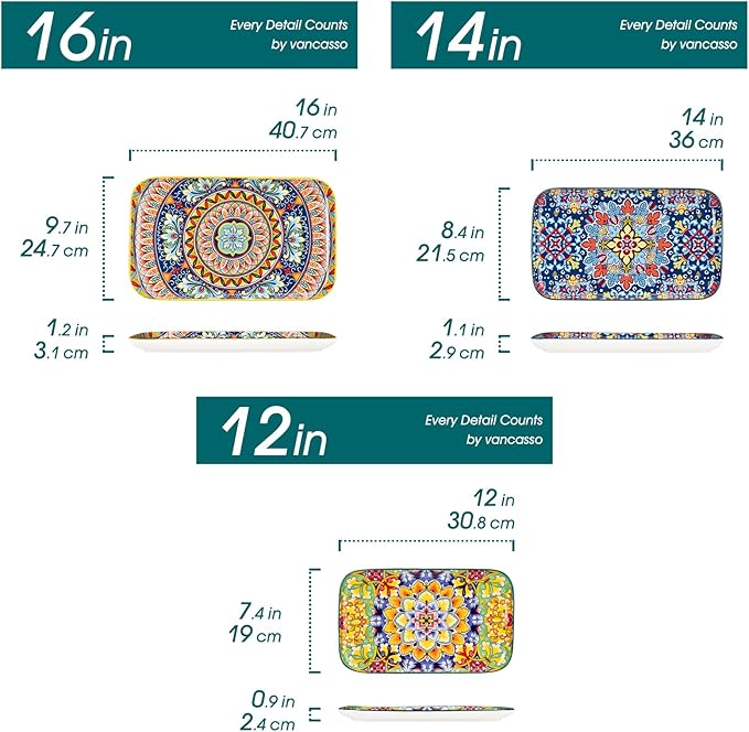 vancasso Serving Platters Set of 3, 16"/14"/12" Inch Rectangular Trays - Serving Platter Extra Large, Bohemian Ceramic Serving Dish for Entertaining Food, Microwave & Dishwasher Safe, Vintage-Ruum Studio Home