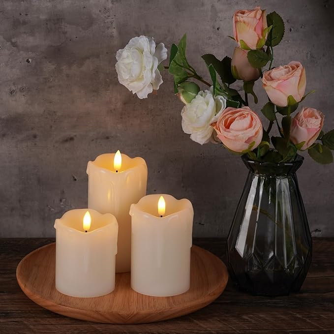 Homemory Dripping Wax Flameless LED Pillar Candles, Battery Operated with Remote Control and Timer, Set of 3, 5" H x 4" W x 6" D-Ruum Studio Home