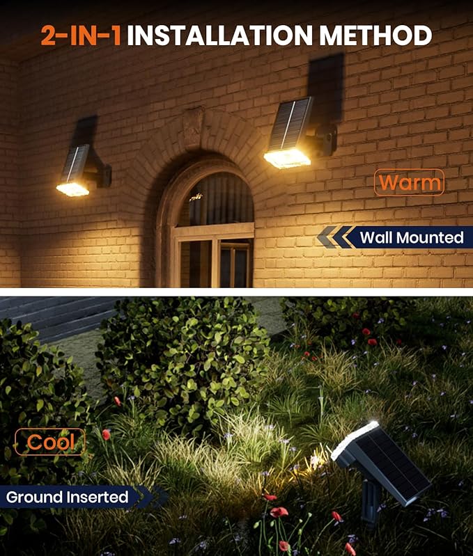 Solar Powered Spotlights Outdoor 1 Pack,IP67 Waterproof Wall&Ground Solar Lights Outside,3 Colors+3 Modes,Dusk to Dawn Flood Lights for Driveway/Garden/Pathway/Tree/Patio/Yard Decor Landscape Lighting-Ruum Studio Home