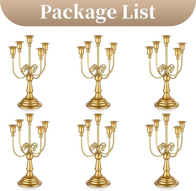 Sziqiqi Candelabra Candle Holder Gold Set of 6-5-arm Metal Candlestick Holders for Taper Candles for Centerpieces Table Wedding Christmas Fireplace Decor Birthday-Ruum Studio Home