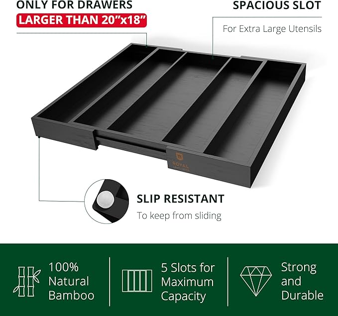 ROYAL CRAFT WOOD Luxury Bamboo Kitchen Drawer Organizer - Silverware Organizer - Utensil Holder and Cutlery Tray with Grooved Drawer Dividers for Flatware and Kitchen Utensils (5 Slot, Black)-Ruum Studio Home