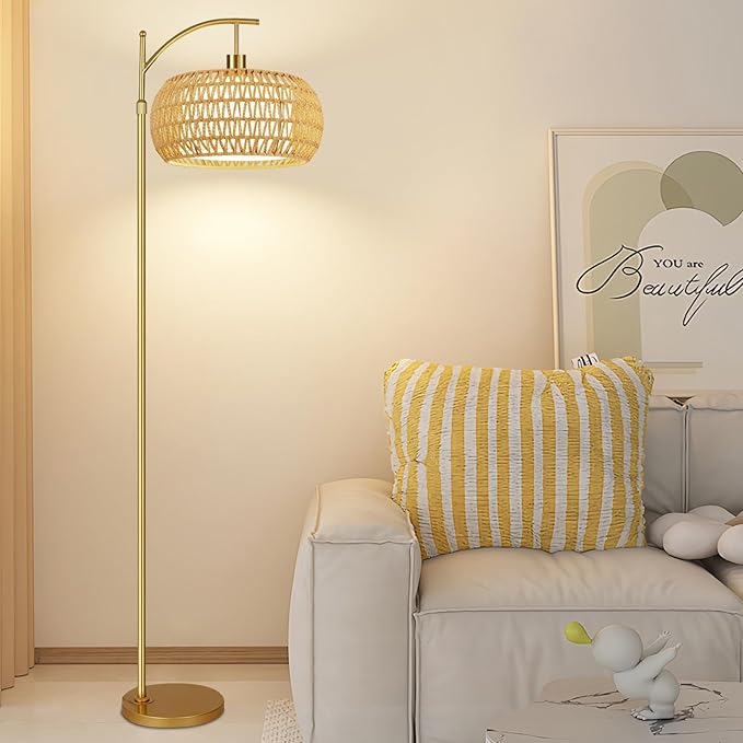 Gold Floor Lamps for Living Room Rattan Boho Floor Lamp with Remote Control,Dimmable Arc Floor Lamp Wicker LampShades Brass Standing Lamp with 3 Color Temperature Tall Floor Lamps For Bedroom Corner-Ruum Studio Home