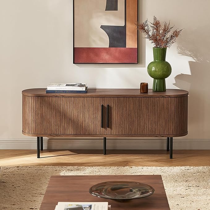 mopio Quin TV Stand, Mid Century Modern for 55/60/65 inch TV, Farmhouse TV Stand, Entertainment Center with Storage, TV and Media Console for Living Room (Walnut, 59" Tambour)-Ruum Studio Home
