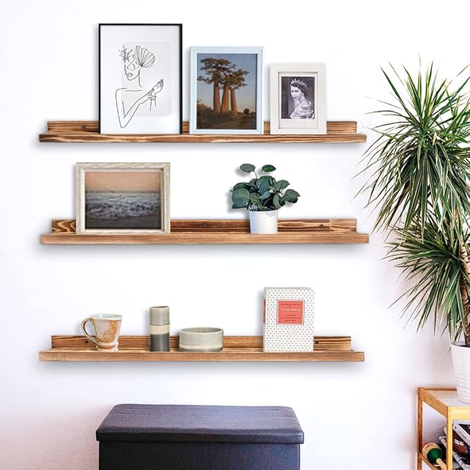 AZSKY Picture Ledge Shelf Wall Ledge Floating Shelves for Photo Frames Kids Book Shelves Wall Mounted Burnt Wall Display Shelf Wooden Frame Ledge 48 Inches Set of 3 Bathroom Organizer Shelves-Ruum Studio Home