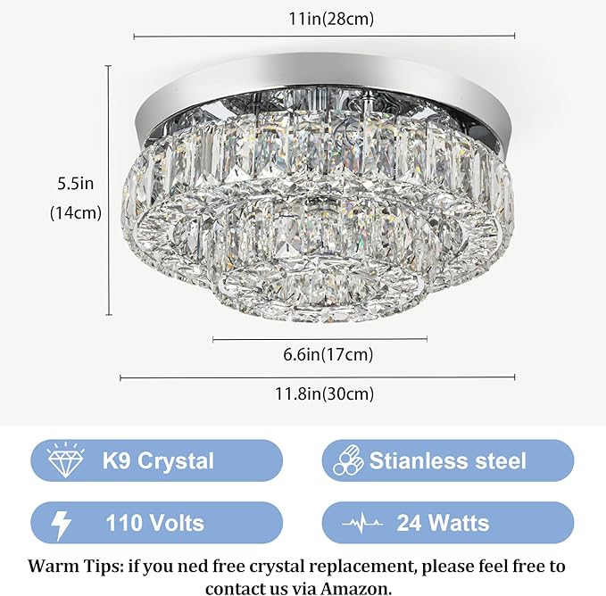 11.8" LED Chandelier 2-Layer Crystal Ceiling Light Fixture with Remote Control Flush Mount Chandelier Light for Hallway Bedroom Living Room Kitchen Foyer(dimmable)-Ruum Studio Home