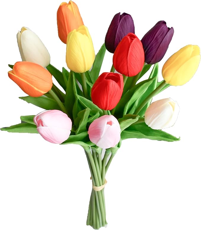 Mandy's Artificial Tulips 12 Stems Multicolor PU Faux Flowers for Wedding Home Decor 13.5 Inch-Ruum Studio Home