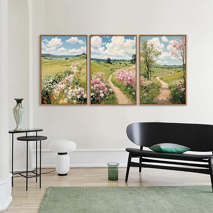 Tinonedraw Rustic Landscape Framed Canvas Wall Art Triptych, Blue and White Wall Decor, Vintage Botanical Floral Artwork, Modern Country Nature Farmhouse Art Prints for Living Room Bedroom 16"x24"x3-Ruum Studio Home