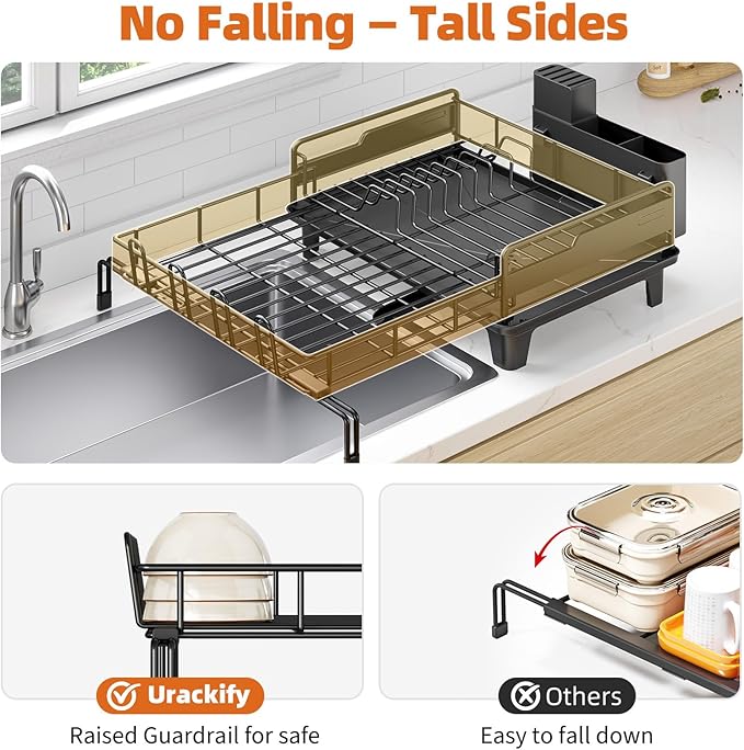 Extendable Dish Drying Rack, Multifunction Dish Rack for Kitchen Counter, Expandable Dish Drainer Over Sink, Large Dish Strainer with Cups Holder, 1 Tier Black-Ruum Studio Home