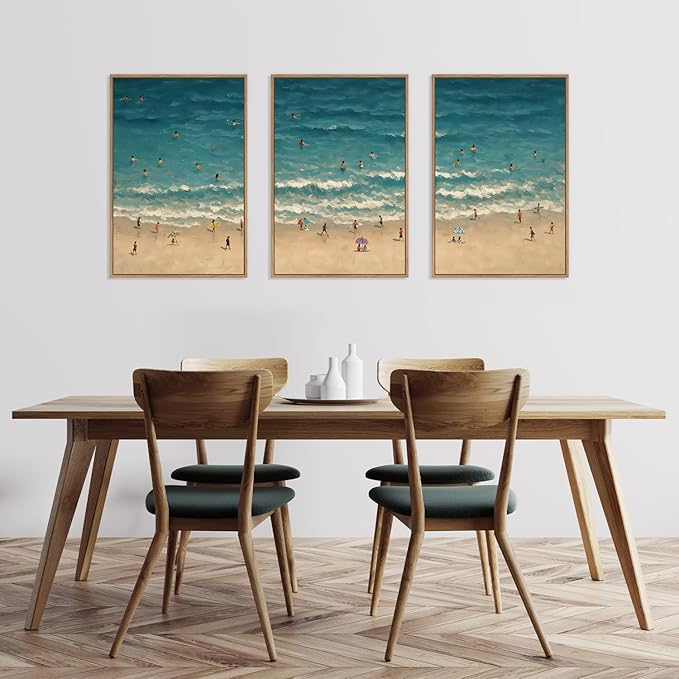 HLNIUC Summer Beach Canvas Wall Art,Modern Minimalist Coastal Landscape Wall Decor Set of 3(16”x24”) Blue Abstract Ocean Wall Painting, Summer Swimming in the Sea Art Print for Living Room,Bathroom-Ruum Studio Home