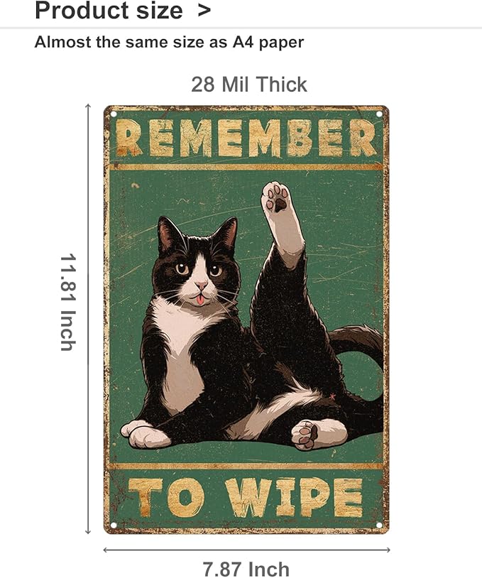 ALKB Bathroom Tuxedo Cat Sign - Remember to Wipe - Cat Lover Gift 8x12 Inch Vintage Metal Sign for Bathroom Decorations-Ruum Studio Home