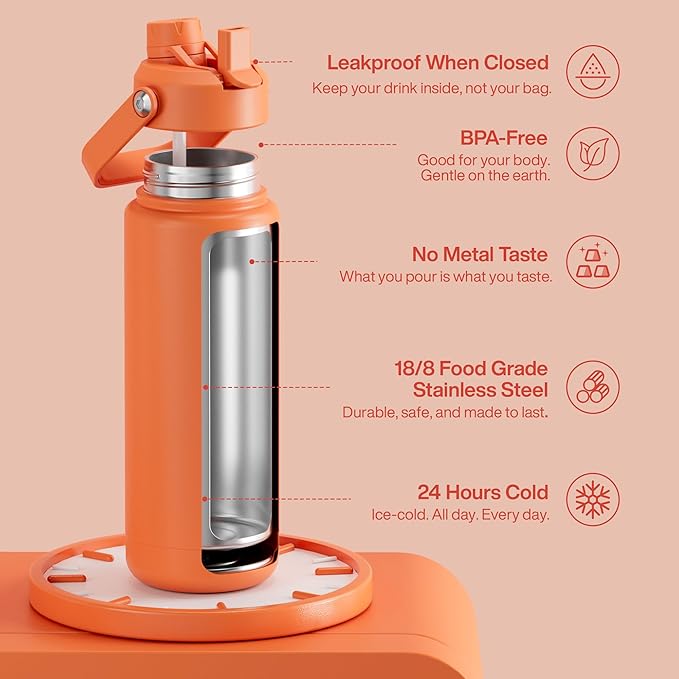 Insulated Water Bottle with Straw Stainless Steel Water Bottle, Leak-Proof, BPA-Free, Double Wall Vacuum Keeps Cold for 24 Hours for Sports, Travel, School (32 oz, Moderate Orange)-Ruum Studio Home