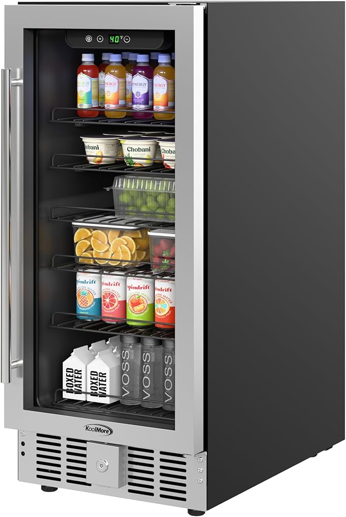 KoolMore 15” Inch Small Built-In Refrigerator and Beverage Cooler for Soda Cans, Beer Cans, Food and Fresh Snacks, 5 Wire Shelves, Adjustable Temperature Range (KM-BIR3C-GD), Stainless Steel-Ruum Studio Home