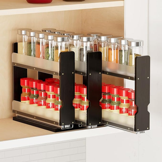 SpaceAid Bamboo Pull Out Spice Rack Organizer for Cabinet, Heavy Duty Slide Out Seasoning Kitchen Pantry Sliding Vertical Organization, 7.6" Wide, 3 Drawers(2" Wide), 2-Tier, Black-Ruum Studio Home