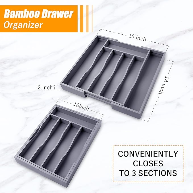 Kitchen Silverware Drawer Organizer and Storage Bamboo Wood Cooking Utensil Holder Cutlery Knife Jewelry Spice Rack Spoon Fork Multi Cabinet Organization Bathroom Counter Expandable Adjustable Tray-Ruum Studio Home