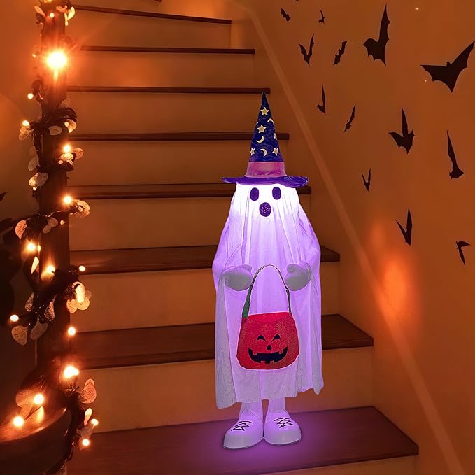 37" Cute Front Porch Light Up Halloween Ghost Décor, Kids Standing Trick or Treat Indoor and Outdoor Decorations-Star Moon-Ruum Studio Home
