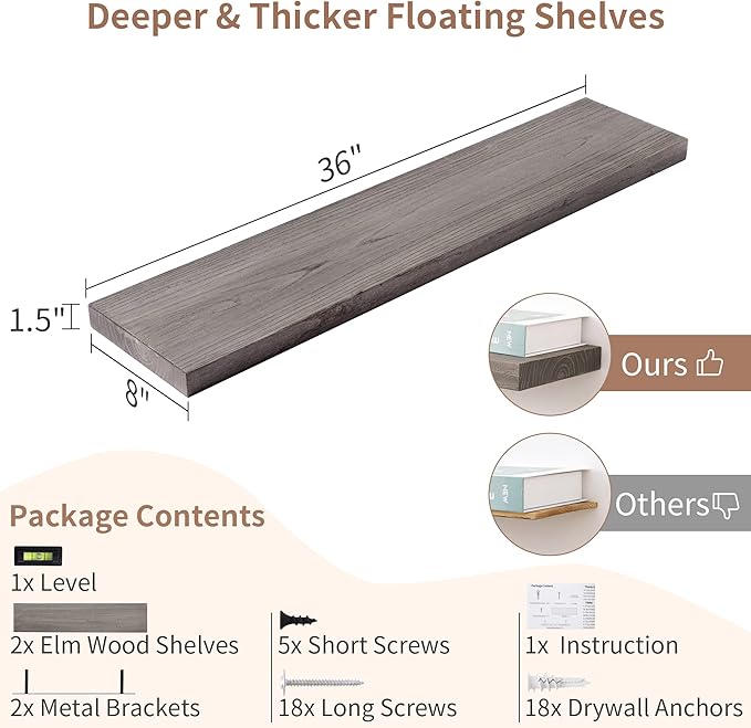 Axeman Floating Shelves for Wall, 8 Inch Deep Rustic Solid Elm Wood Wall Shelves for Storage, Wall Mounted Display Shelving with Invisible Heavy-Duty Metal Bracket, 36'' Width Set of 2, Grey-Ruum Studio Home