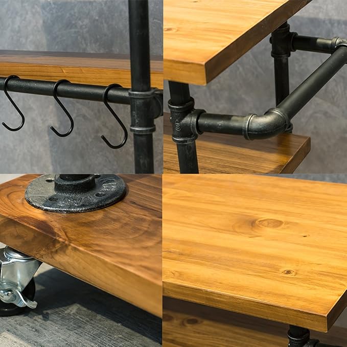 Industrial Portable Kitchen Island on Wheels,Bar Carts for the Home Wine Bar Beverage Coffee Cart,Metal Rolling kitchen carts and islands,Wood and Pipe 3-Tier Butcher Block Island Food Serving Cart-Ruum Studio Home