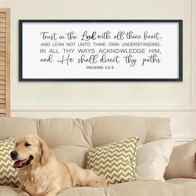 LuZhiQiang Trust in the Lord With All Thine Heart Wall Art Decor 40"×15" Proverbs 3:5-6 Sign Bible Verse Christian Scripture Large Wooden Framed Wall Hanging (Black)-Ruum Studio Home