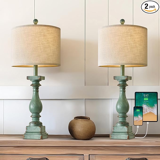 BOBOMOMO 27" Farmhouse Table Lamp Set of 2 with USB A+C for Bedroom Living Room Vintage Rustic Traditional Nightstand Bedside Lamps Retro Side Table Lamps (Green)-Ruum Studio Home