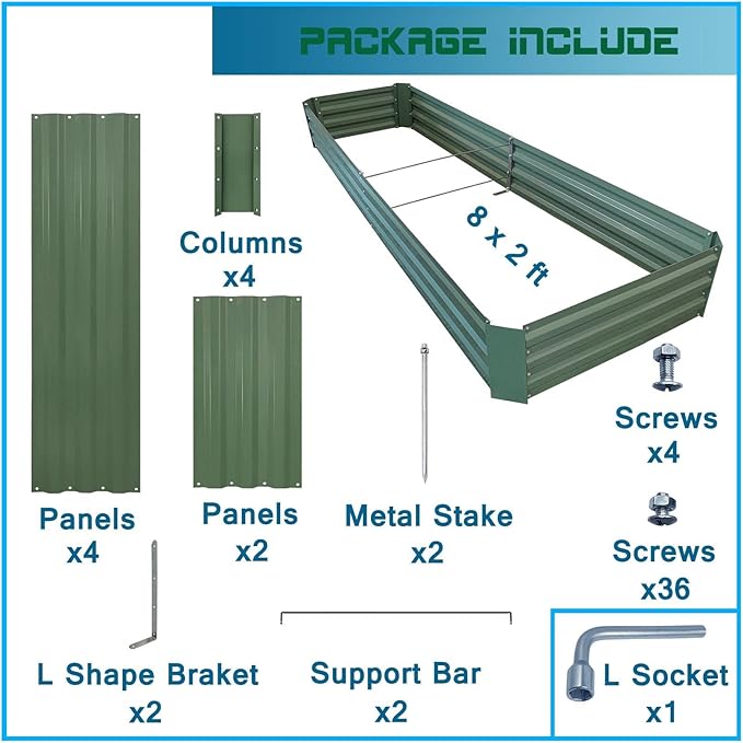 8x2x1ft Metal Raised Garden Bed Kit，Galvanized Garden Bed Box for Vegetables, Flowers, Herbs, and Succulents,120 Gallon Capacity - Green-Ruum Studio Home