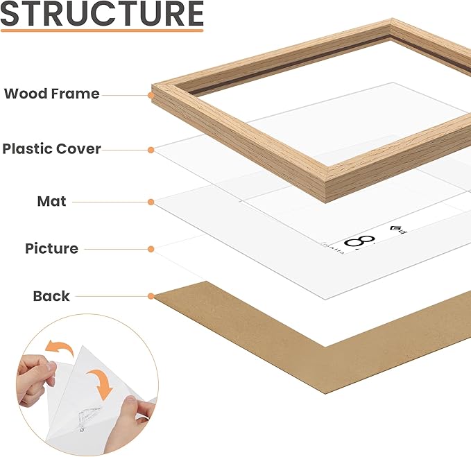 upsimples 8x8 Picture Frames, Natural Solid Wooden Picture Frames, Display 4x4 with Mat or 8 x 8 Without Mat, Wall or Tabletop, 1 Pack, Natural-Ruum Studio Home