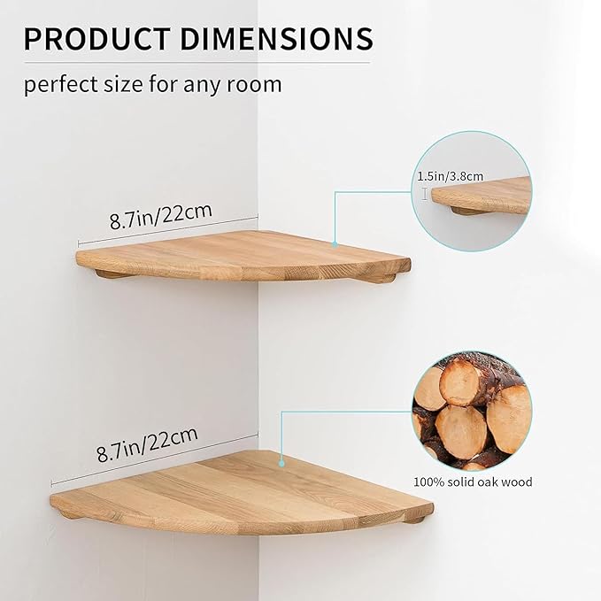 Corner Shelves, Floating Corner Shelf, Set of 2 Solid Oak Wood Wall Shelves, Round End Wall Mount with Wire Hole Shelving for Small Plant for Bedroom Kitchen, Living Room 8.7“-Ruum Studio Home