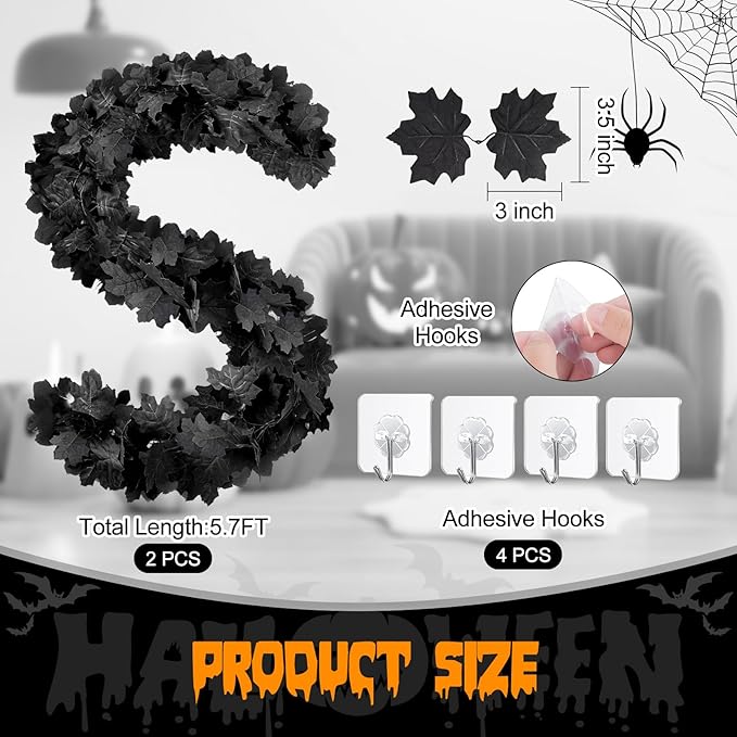 Joyhalo 2 Pack Halloween Garland, 5.7FT Black Leaf Garland for Mantle, Artificial Hanging Black Maple Leaves Vines, Spooky Halloween Outdoor Floral, Haunted Mansion, Fireplace, Fall Decor-Ruum Studio Home