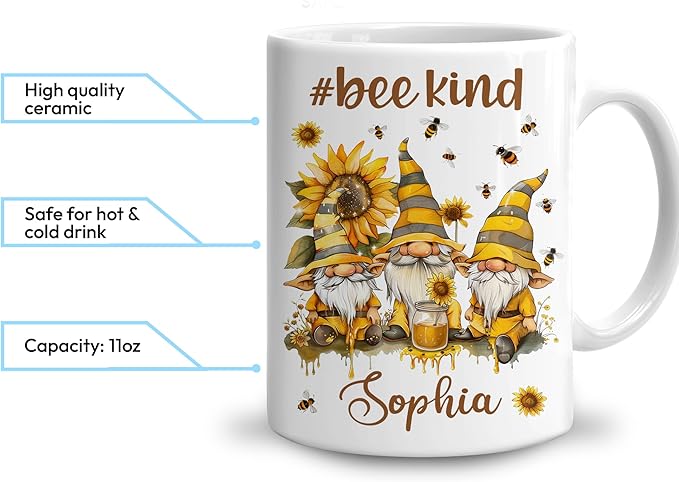 Hyturtle Personalized Bee Gnomes Mug - Bee Keeper Gifts For Women - Honeybee Gifts For Gnomes Lover - Animals Present For Lover - Teacher Appreciation Present - Custom Coffee Cup Ceramic Mug 11 15 Oz-Ruum Studio Home