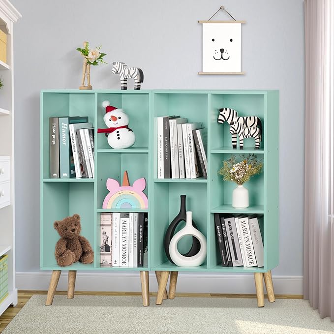 LEYAOYAO 5 Cube Bookshelf 3-Tier Bookcase with Legs,Mint Green Kids Book Shelf Cute Storage Organizer,Free Standing Open Toy Shelves Wood Bookshelves,Display Bookcases for Bedroom,Living Room,Nursery-Ruum Studio Home