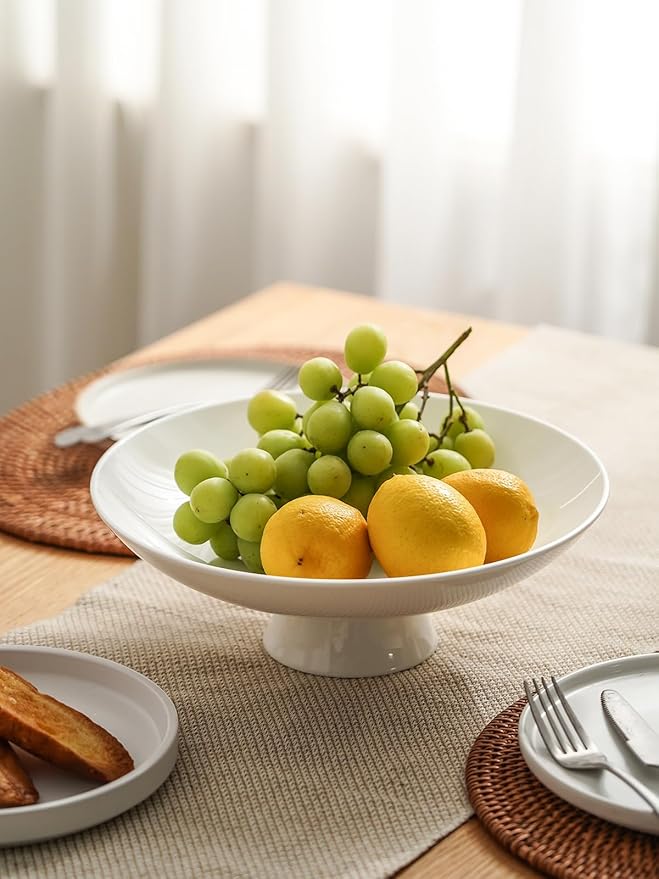 Kanwone Large Fruit Bowl for Kitchen Counter - Decorative Bowls for Home Décor - Ceramic Fruit Bowl, Pedestal Bowl - Modern Key Bowl for Entryway Table - 11.5 Inches, White-Ruum Studio Home