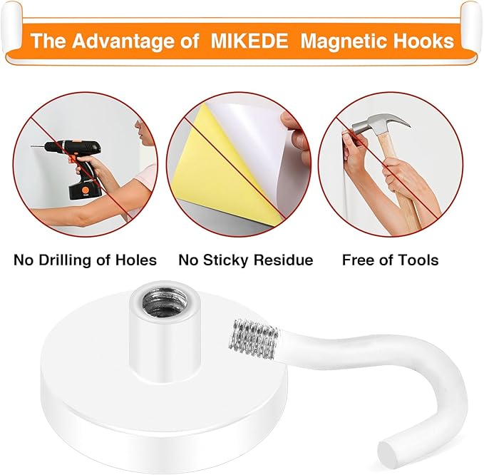 MIKEDE Strong Magnetic Hooks, 110Lbs Heavy Duty Magnetic Hooks for Cruise, Neodymium Earth Magnets with Hooks for Hanging, Super Metal Magnetic Hanger for Grill, Storage (White,10 Pack)-Ruum Studio Home