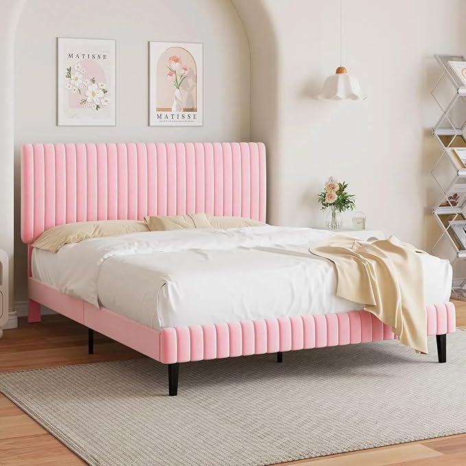 Full Size Bed Frame with Headboard, Velvet Upholstered Platform Bed with Vertical Channel Tufted Design, No Box Spring Required, Easy Assembly, Pink-Ruum Studio Home