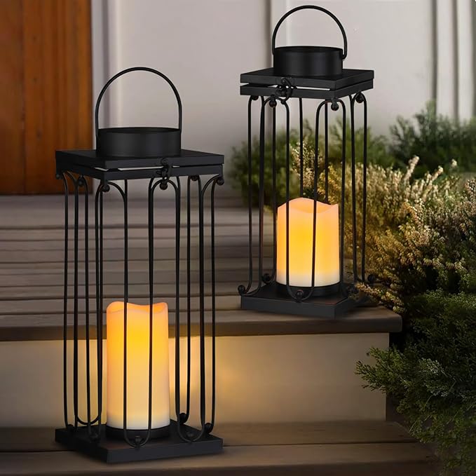 Solar Lantern Decorative Outdoor Set of 2 (18’’ & 15’’) Modern Black Metal Lanterns with Solar Candles, Decorative Candle Lanterns for Outdoor Porch, Patio, Garden, Yard Decor-Ruum Studio Home