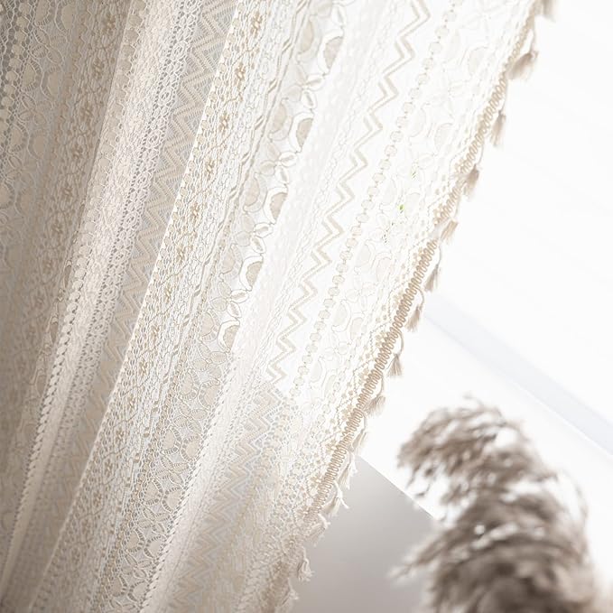 Sutuo Home Crochet Boho Curtain 84 Inches Length, Sheer Lace Handmade Tassels Knitted Window Treatment Vintage Rustic Bohemian Farmhouse Drape for Bedroom Rod Pocket 1 Panel 59" W x 84" L, Beige Wave-Ruum Studio Home