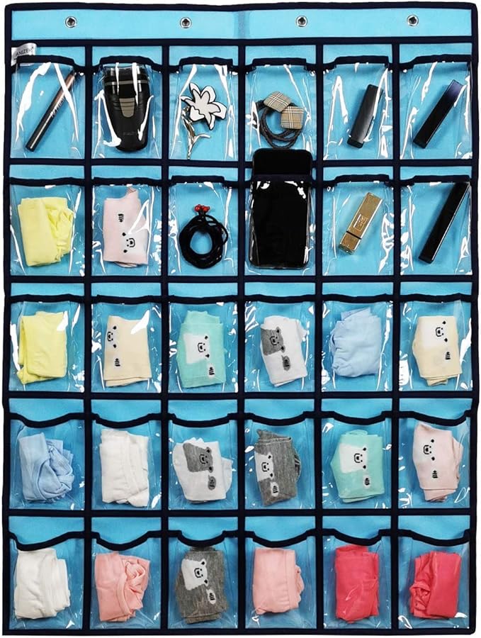 Classroom Pocket Chart for Phone Calculator Holder Over The Door Hanging Closet Jewelry Organizer with 30 Clear Pockets (Blue)-Ruum Studio Home