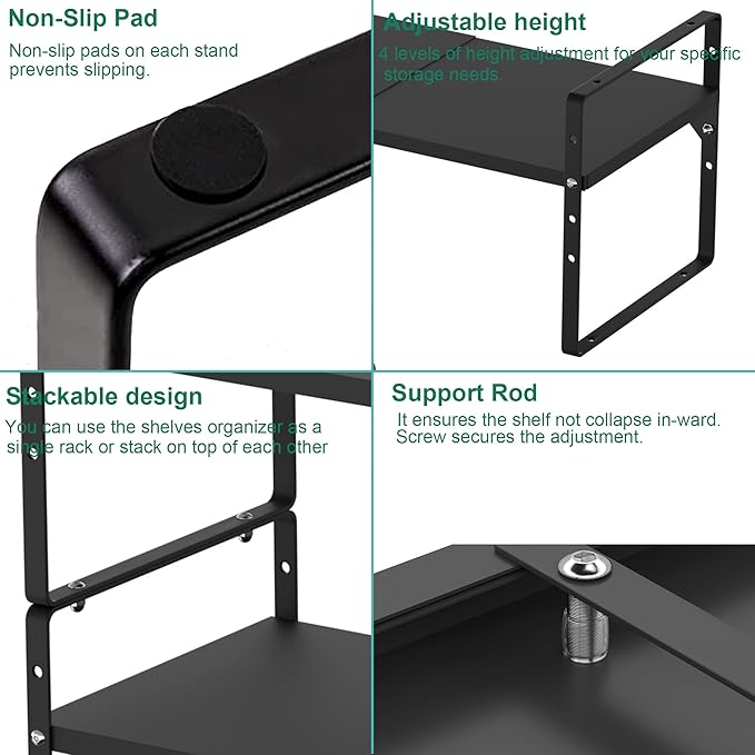 iPEGTOP Expandable Cabinet Storage Shelf Organizer Rack, Heavy Duty Steel Metal Spice Rack Adjustable Height Home Office Garage Pantry Shelves for Counter Kitchen Organization, Black, 2 Pack-Ruum Studio Home