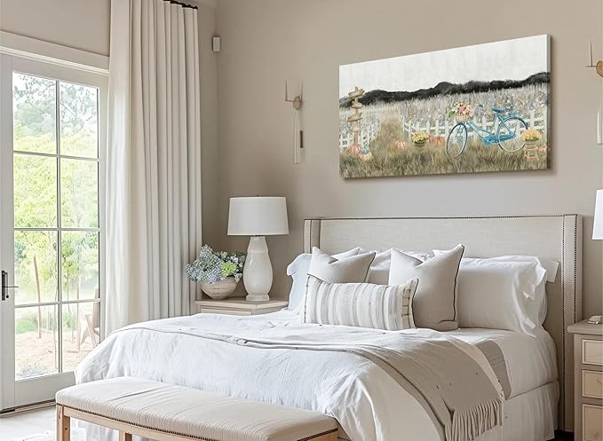 Large Wall Art for Living Room Farmhouse Wall Decor, Modern Boho Vintage Organnic Country Rustic Cottagecore Neutral Landscape Artwork with Mountains Bicycle Flower, Floral Picture Bedroom Kitchen-Ruum Studio Home