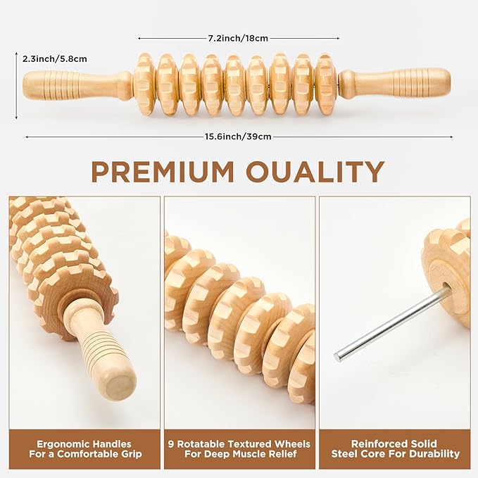 Wooden Cellulite Massage Roller for Legs and Thighs - Handheld Fascia Blaster Tool for Muscle Relief, Lymphatic Drainage & Body Sculpting - Anti Cellulite Massager for Women and Men (9 Wheel)-Ruum Studio Home