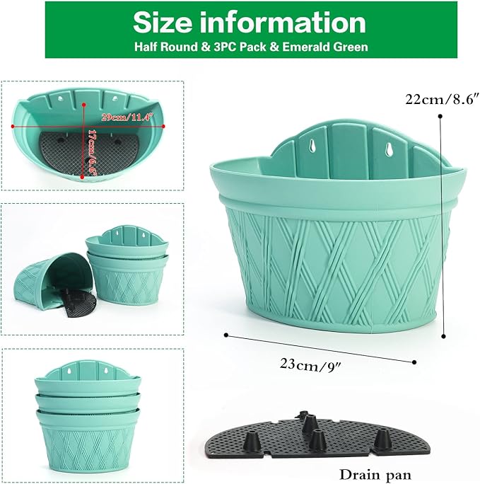 Sungmor Wall Hanging Planters,11.5 Inch Hanging Flower Pots for Railing Fence - Indoor Outdoor Balcony Wall Planter Hanging Basket, Plastic Pot Plant Container - Half Round & 3PC Pack & Green-Ruum Studio Home