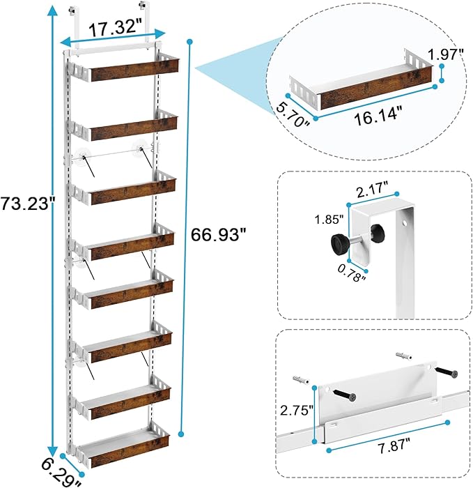 bukfen Over the Door Pantry Organizer, 8-Tier Adjustable Wooden Basket Kitchen Pantry Door Organization and Storage, 2 in 1 Wall Mount or Hanging Heavy-Duty Metal Hanging Kitchen Spice Rack,White-Ruum Studio Home