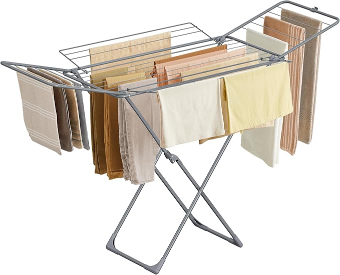 SONGMICS Clothes Drying Rack, Metal Laundry Drying Rack, Foldable, Space-Saving, Free-Standing Airer, with 4 Gullwings, Indoor Outdoor Use, Bed Linen Clothing, Gray ULLR541G01-Ruum Studio Home
