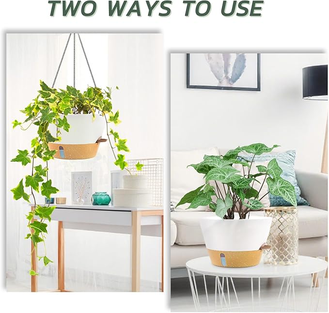 ZMTECH 8 Inch Hanging Planters for Indoor Plants, Hanging Baskets for Plants Outdoor with Visible Water Level, Hanging Flower Pots with Drainage Holes & Removable Tray(2 Pack, White)-Ruum Studio Home