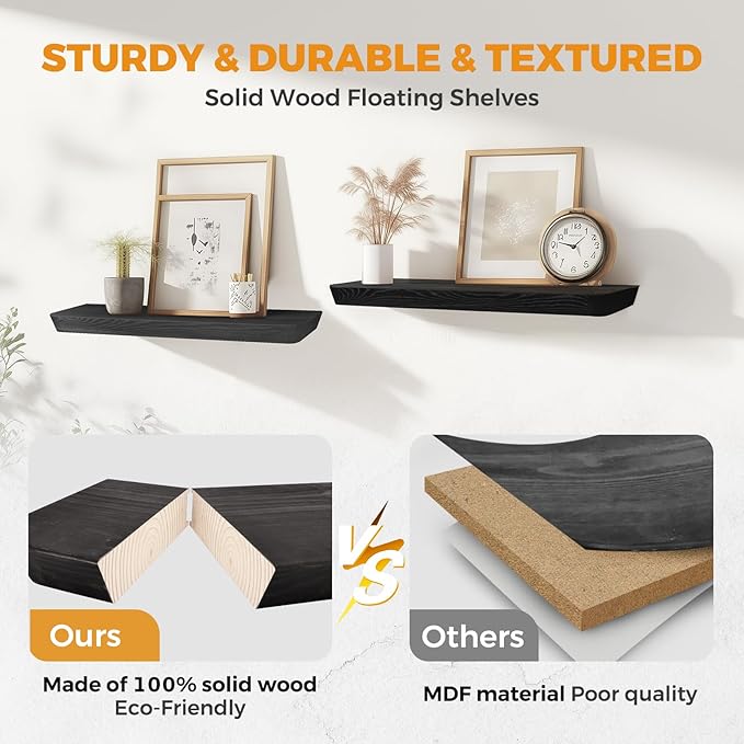 24"x6.8"x1.6" Slanted Floating Wall Shelves 2-Pack - Rustic Black Finish, Heavy-Duty Solid Wood Design with Hidden Brackets - Perfect for Living Room, Kitchen, Bathroom, or Office-Ruum Studio Home