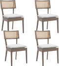 Rattan Dining Chairs Set Of 4 , Mid Century Modern Upholstered Cane Back Chairs with Removable Linen Cushion , Retro Farmhouse Natural Wooden Kitchen & Dining Room Chairs for Restaurant Living Room-Ruum Studio Home