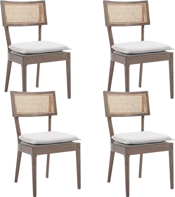 Rattan Dining Chairs Set Of 4 , Mid Century Modern Upholstered Cane Back Chairs with Removable Linen Cushion , Retro Farmhouse Natural Wooden Kitchen & Dining Room Chairs for Restaurant Living Room-Ruum Studio Home