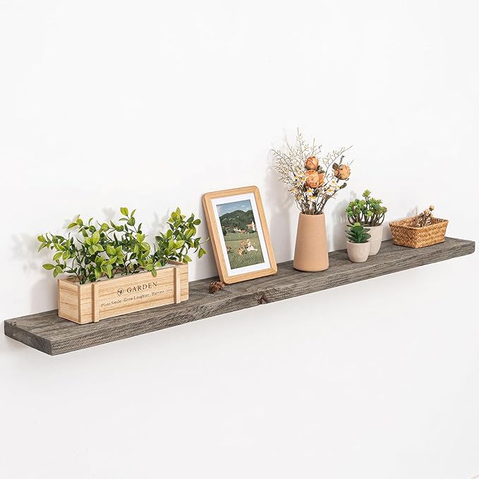 Solid Wood Floating Shelves, 8" Deep Rustic Reclaimed Barnwood Wall Hanging Floating Shelf with Invisible Heavy-Duty Metal Bracket | Wall Mounted | Farmhouse Style | 55 inches,1PC,Grey-Ruum Studio Home